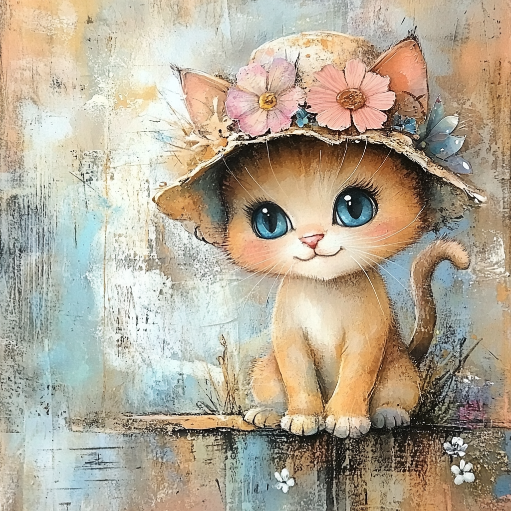 Tabby kitten in hat with flowers, torn paper pieces; art with pastel colors and grunge.