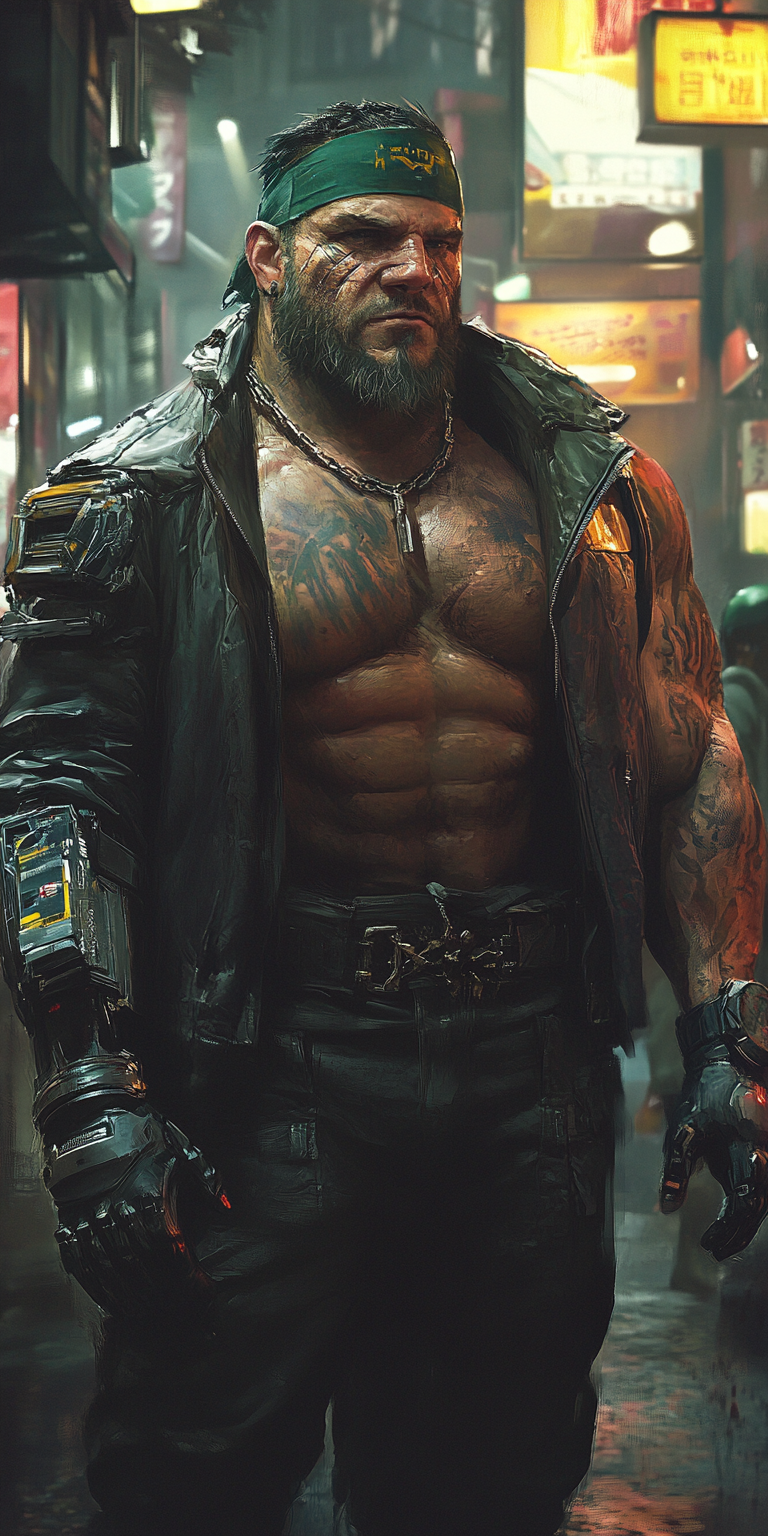 Tall, scarred gang boss in cyberpunk world with jacket.