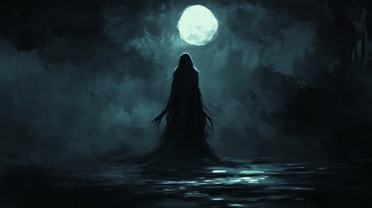 Tall woman with glowing eyes in dark fantasy void.