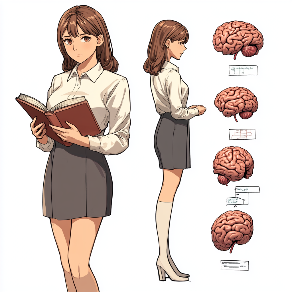 Tappuru Sensei, 25, with brown hair, psychology book. Brains, hearts, color palette, labels, clean background.