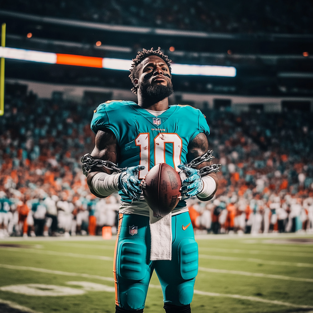 Teal jersey number 10 holding football in end zone.