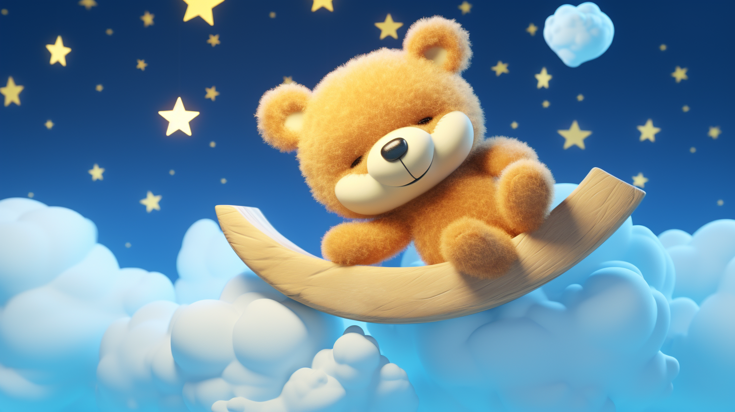 Teddy bear cartoon sleeping on clouds under moon and stars.