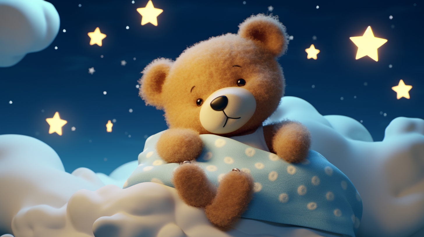 Teddy bear sleeping on clouds, moon and stars.