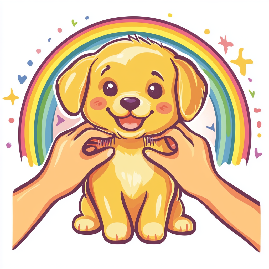 Tender puppy grooming with rainbow circle background, bright colors.