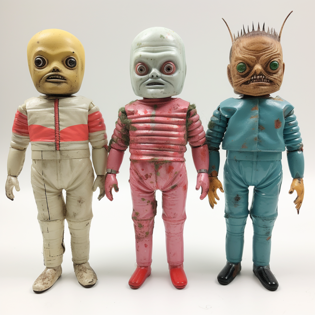 Three sizes vintage Japanese horror figures on white background.