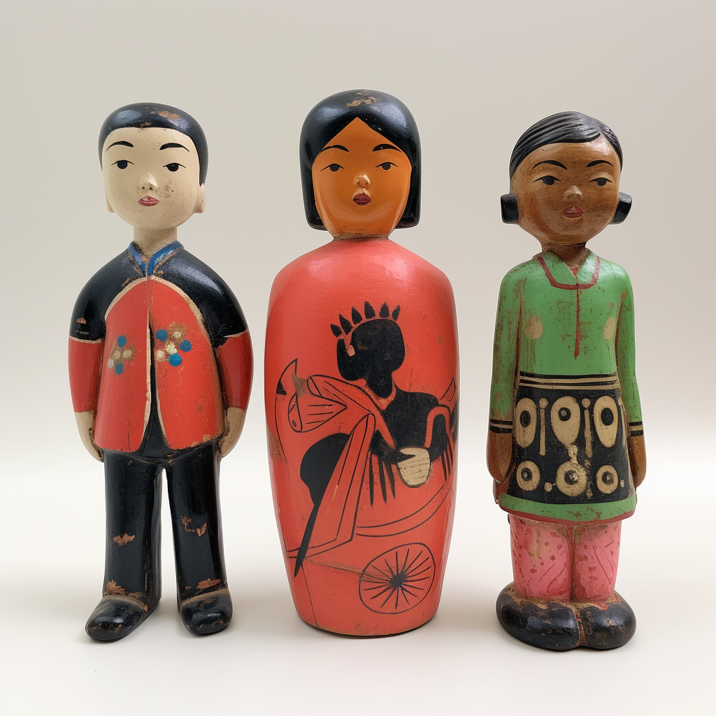 Three vintage Japanese sofvi figures, varying sizes, colorful.