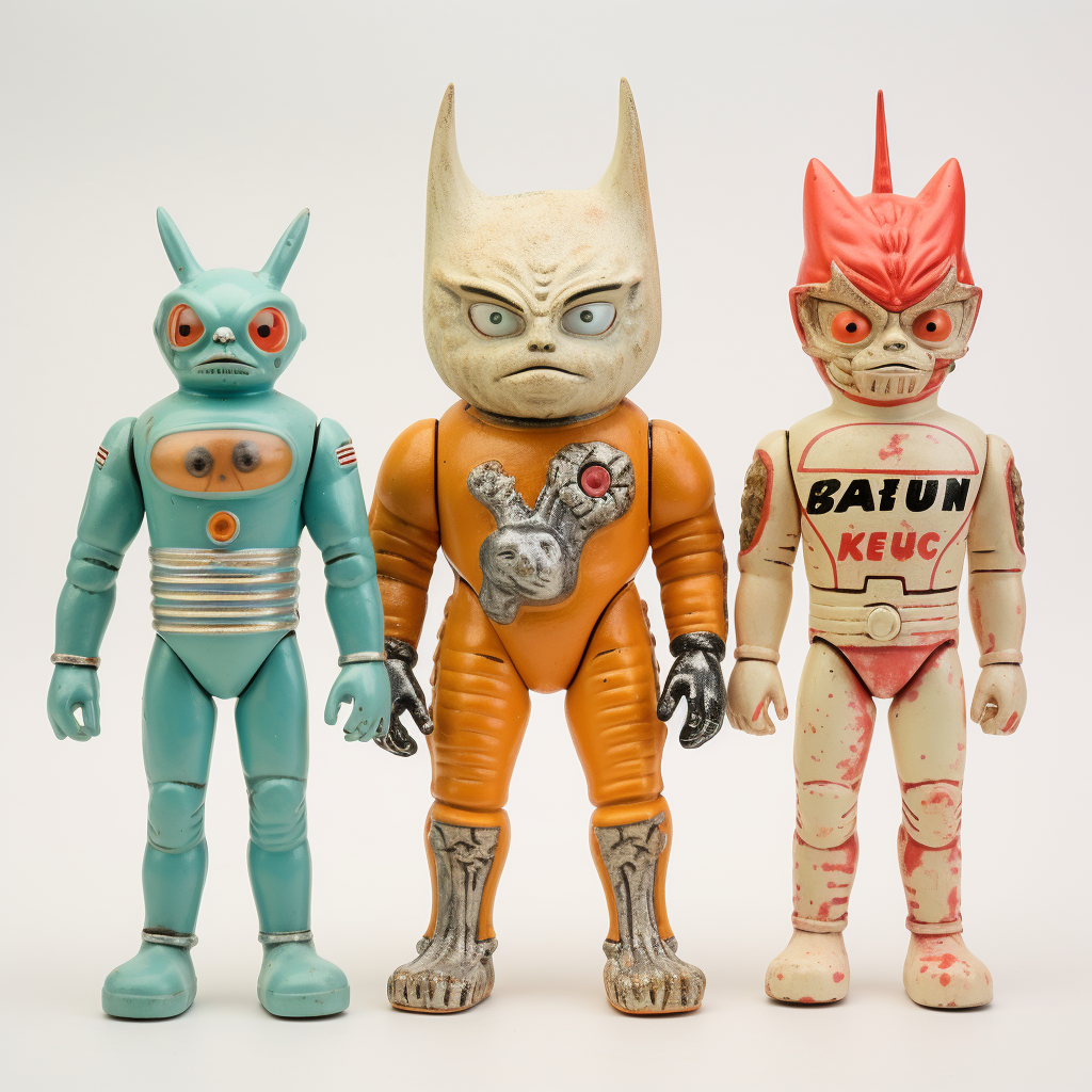 Three vintage kaiju figures: different sizes, Japanese, 1960s.