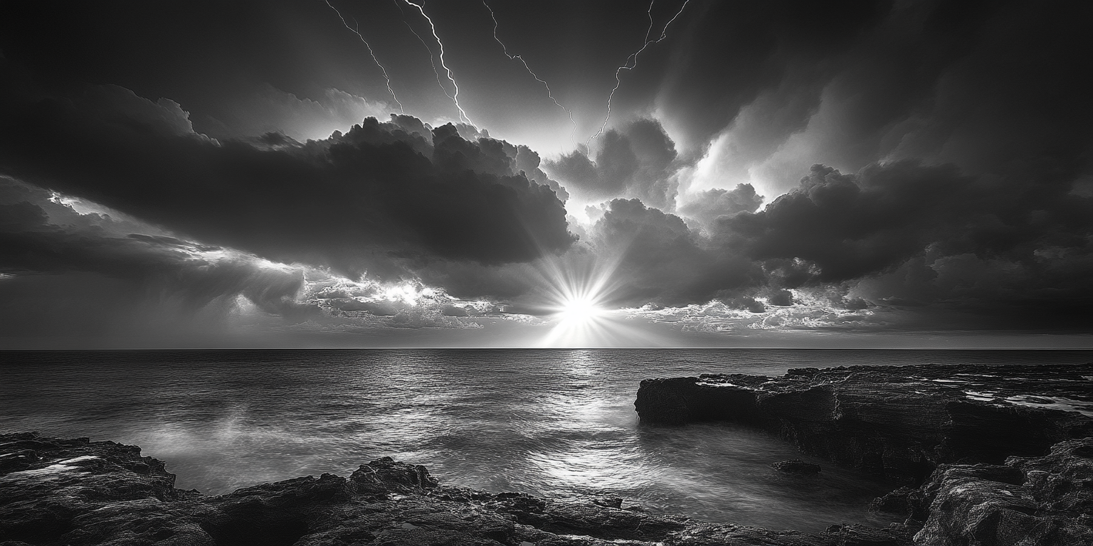 Thunderstorm rolling in over ocean, glowing lightning illuminating clouds