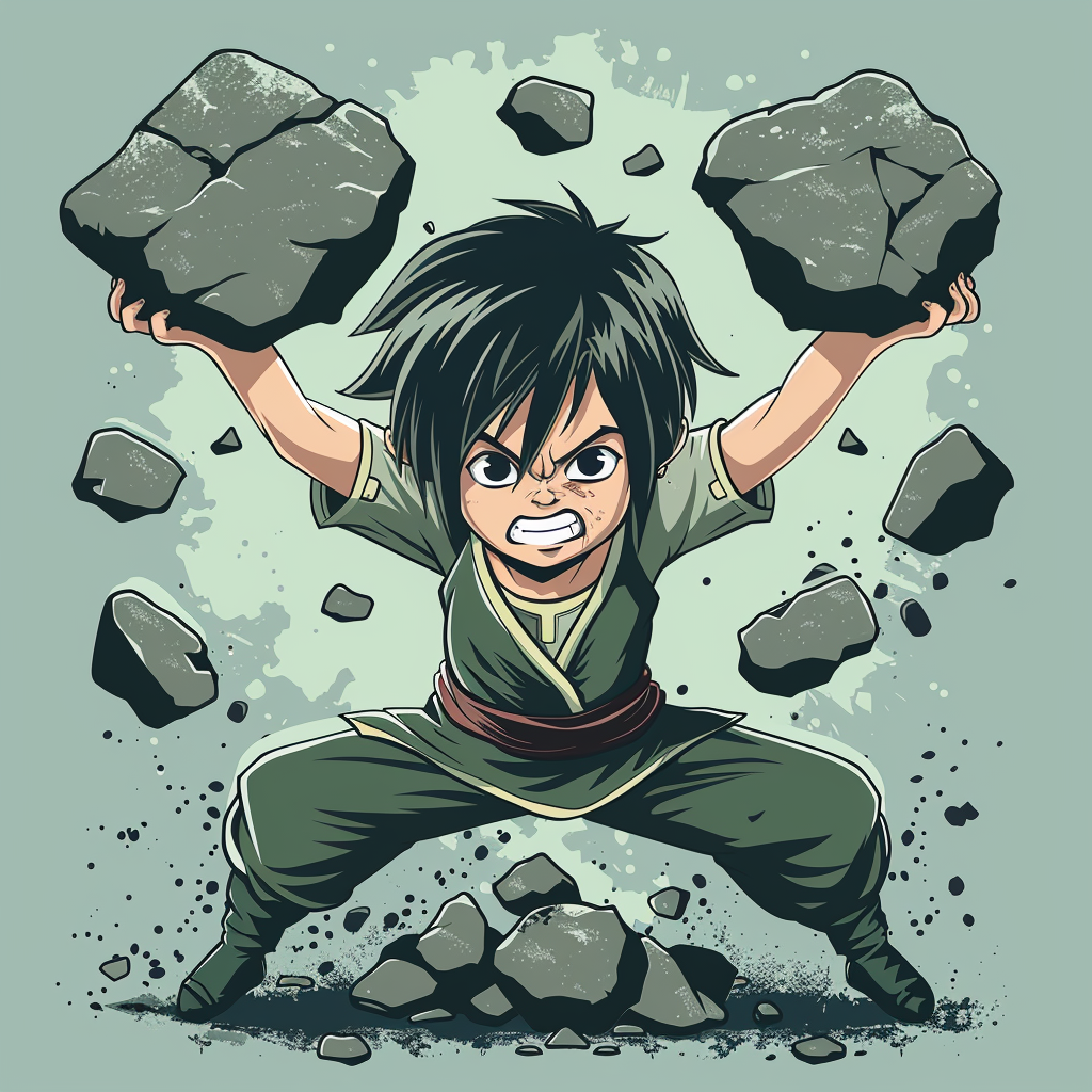 Toph from Airbender lifting stones in cartoon style.