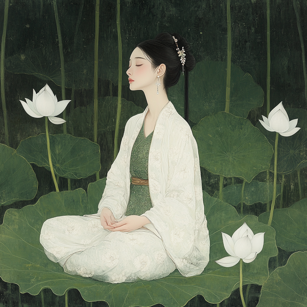 Traditional Hanfu beauty on lotus leaf, green leaves background.