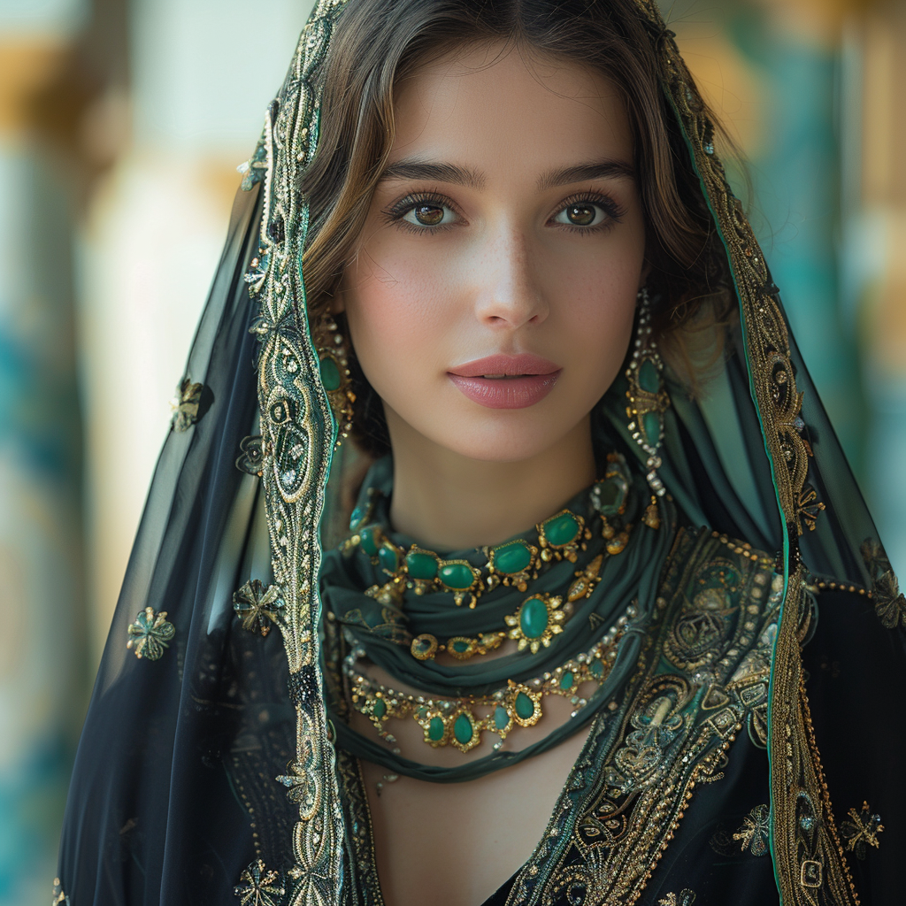 Traditional Saudi clothing on beautiful girl with detailed embroidery.