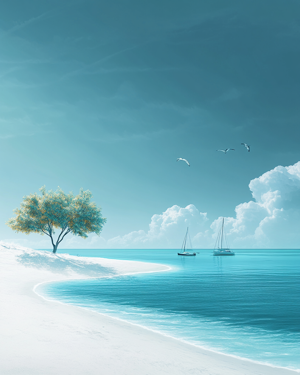 Tranquil sea view with boats, tree, and clouds.