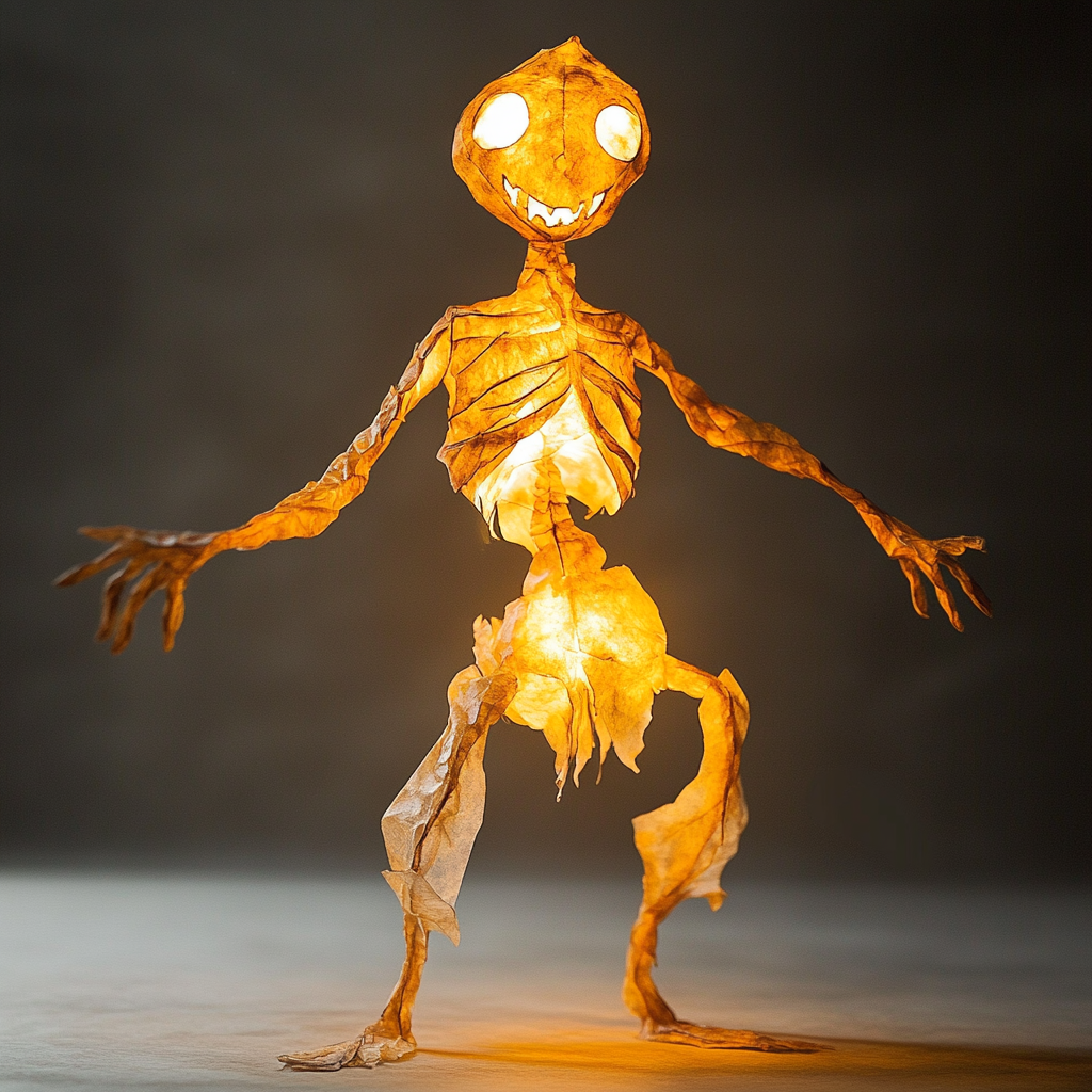 Translucent fire spirit puppet dances with flickering candle flame.