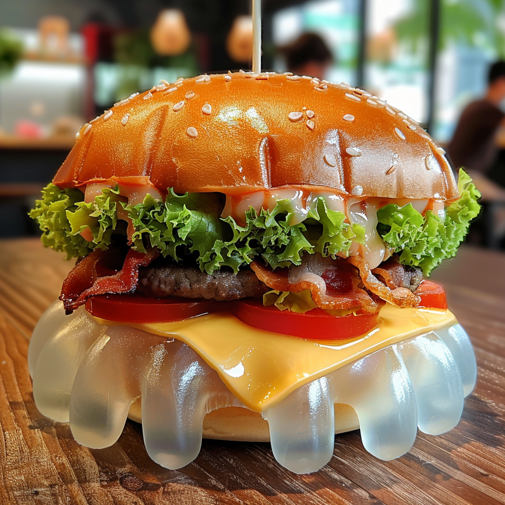 Transparent jellyfish buns with beef, bacon, lettuce and tomato.