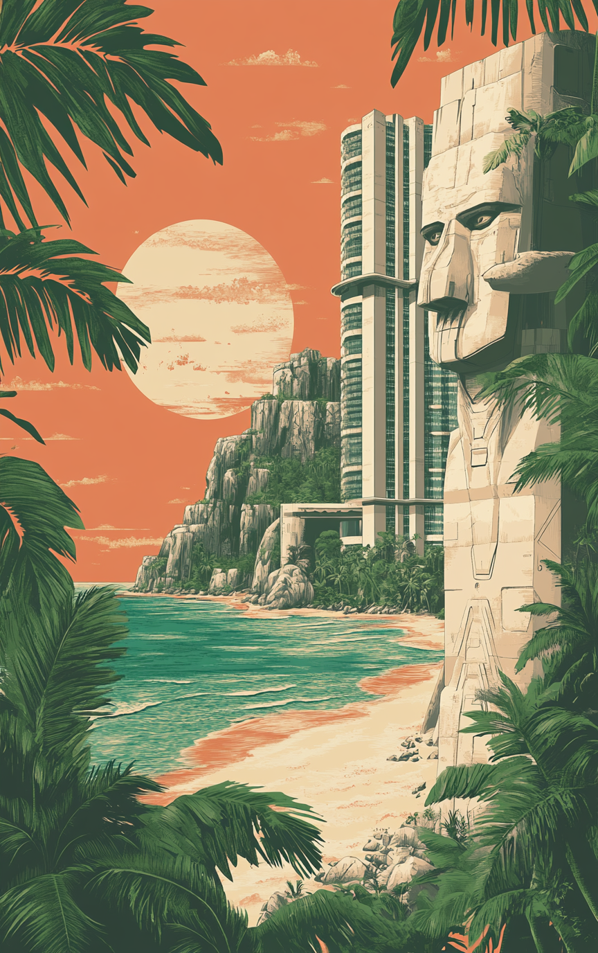 Tropical seaside hotel with Star Trek statue, jungle beach.