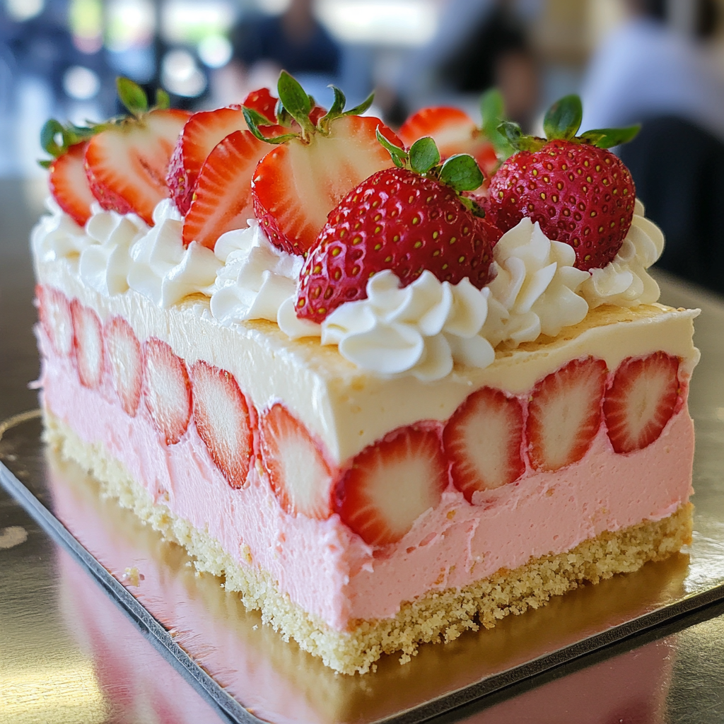 Tropical strawberry cake with cream, strawberry mousse, fresh berries.