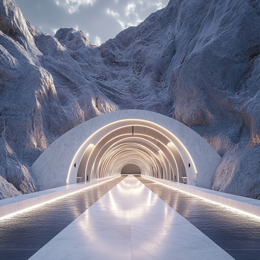 Tunnels with steel, marble, glass, granite walkways, lights, colors.