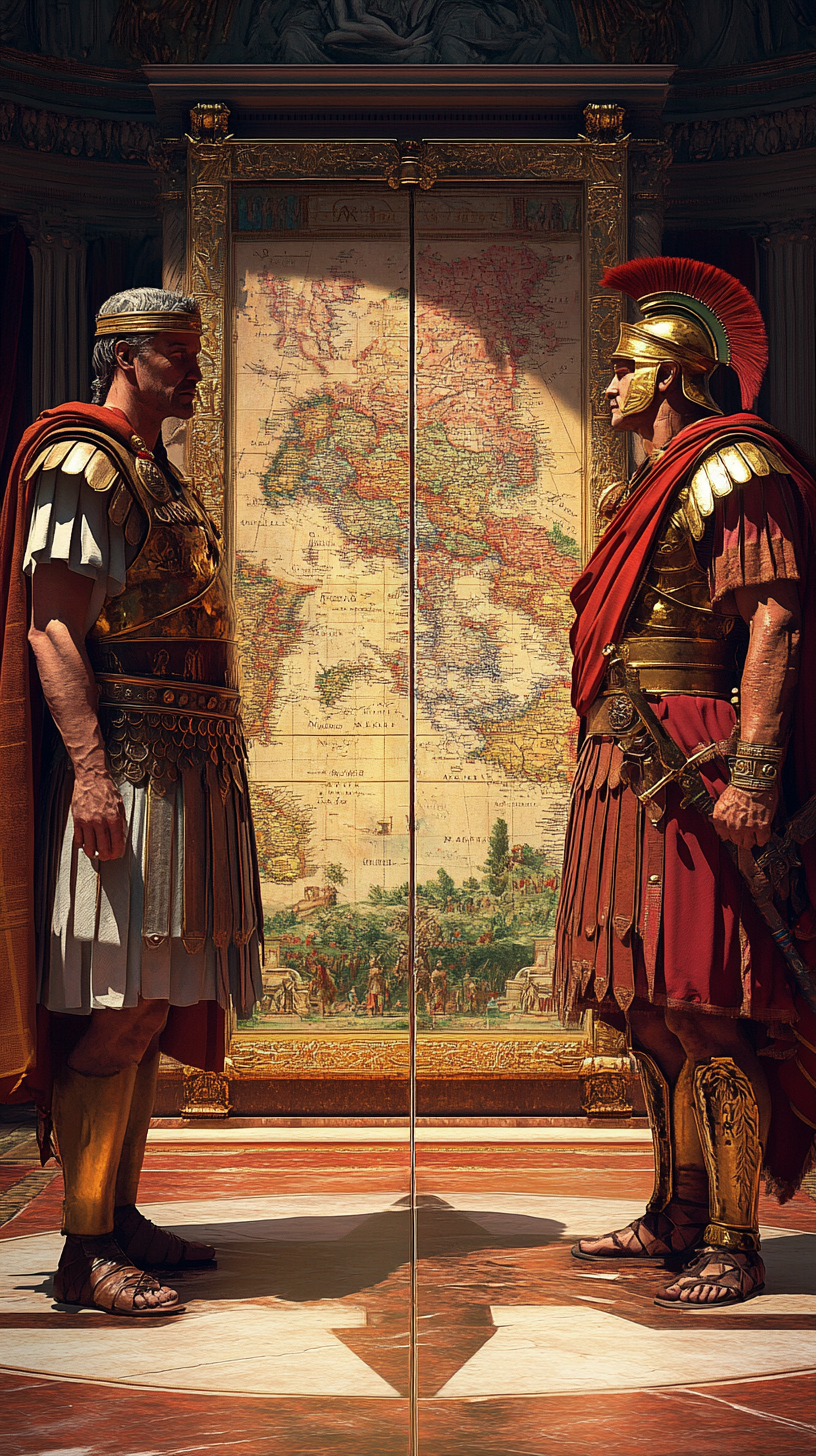 Two Roman emperors standing by a map, split-screen style.