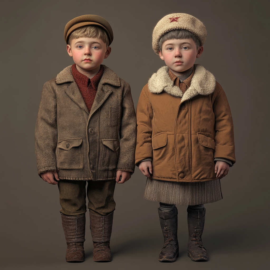 Two children in Soviet clothing with Putin faces, 6&9.