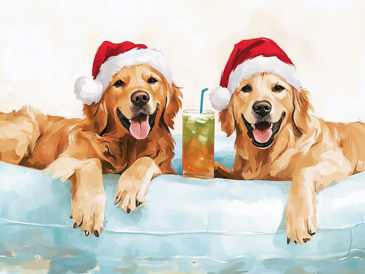 Two cute dogs in Christmas hats chilling by pool.