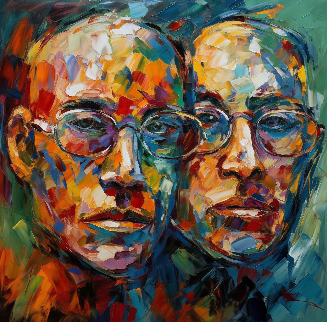 Two faces, one with glasses, in artistic abstract composition.