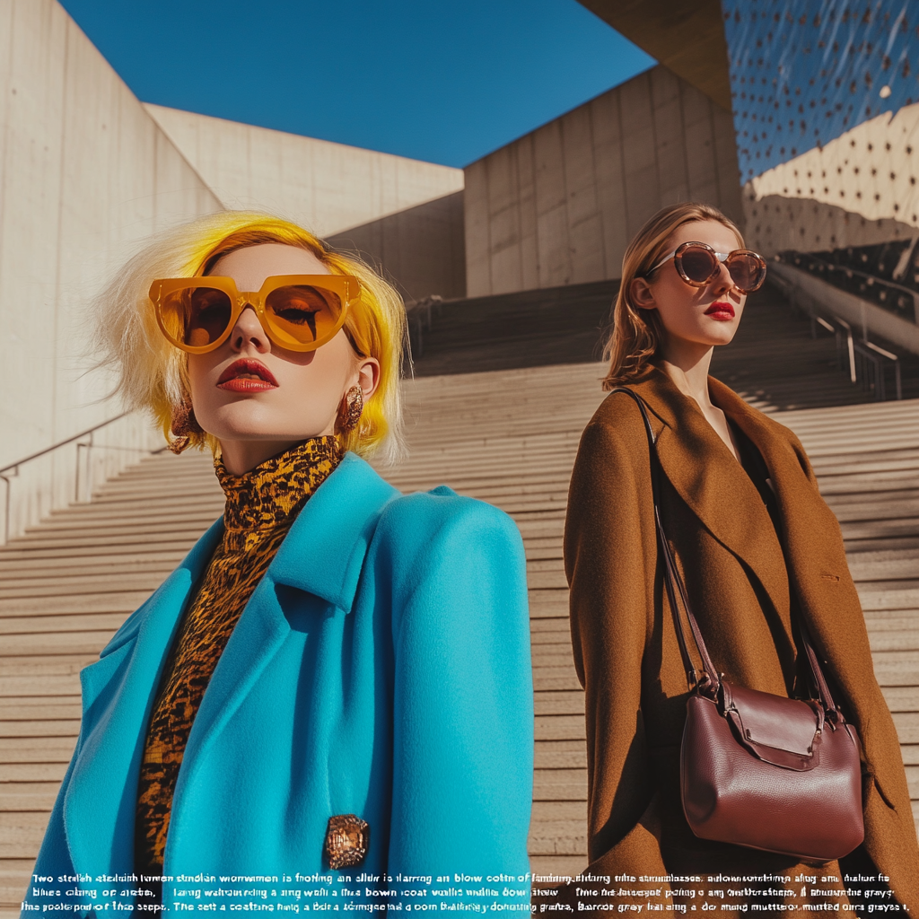 Two fashionable women at Barcelona Pavilion in stylish outfits.