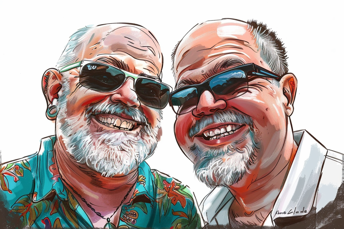 Two men in caricature drawing, one with gray beard.