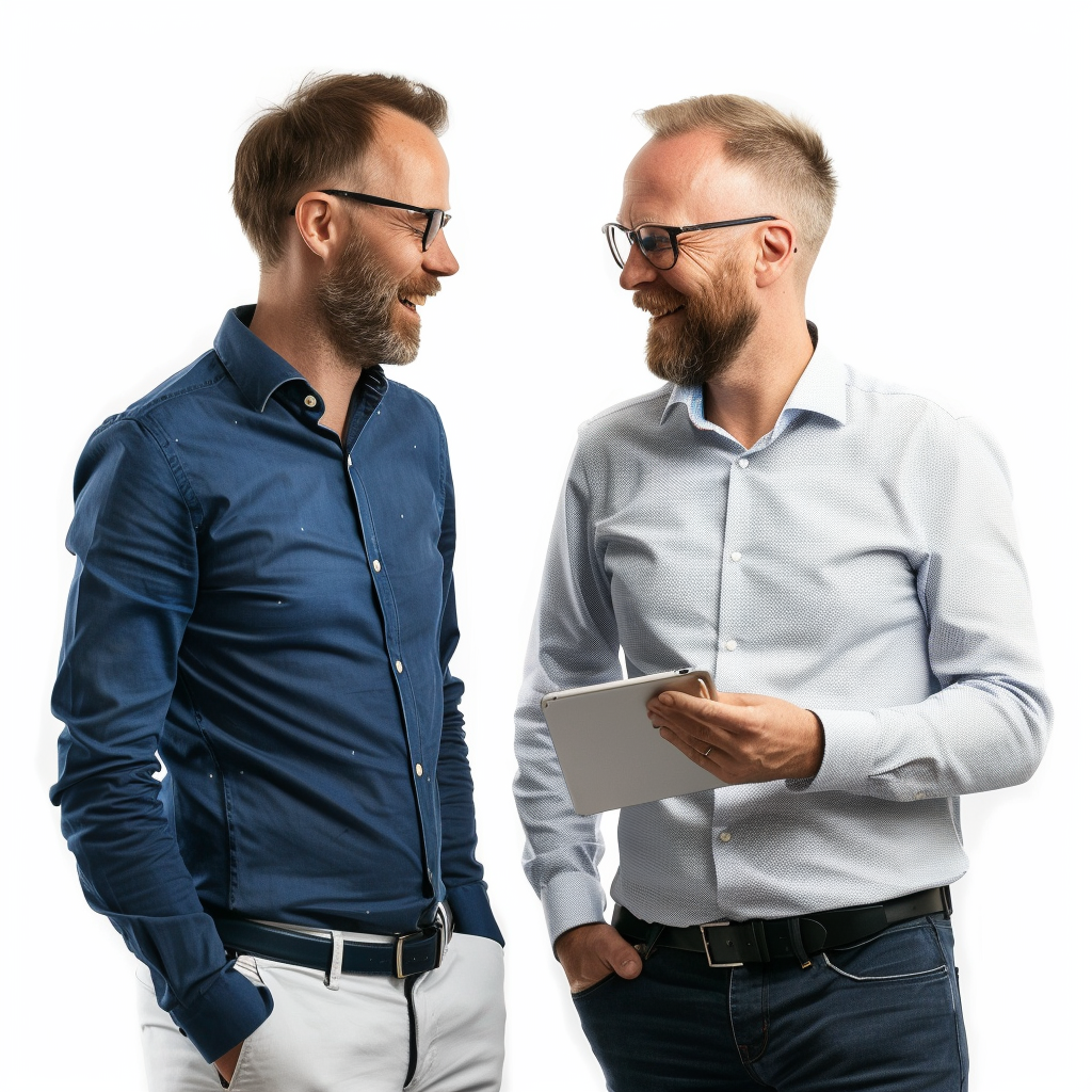 Two nordic consultants discussing happily project, white background, canon EOS.Displayed.Claims version 6.0