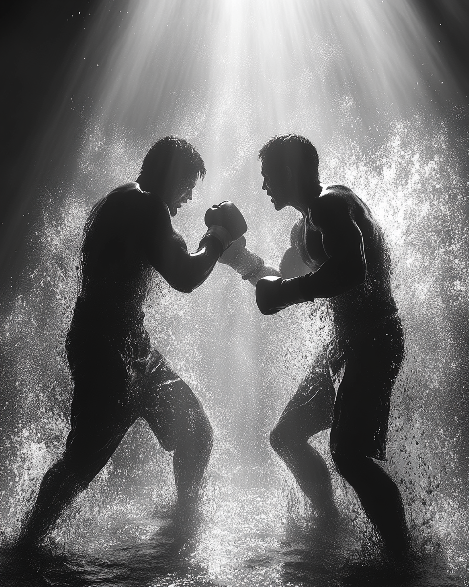 Two people fighting each other in high contrast close-up.