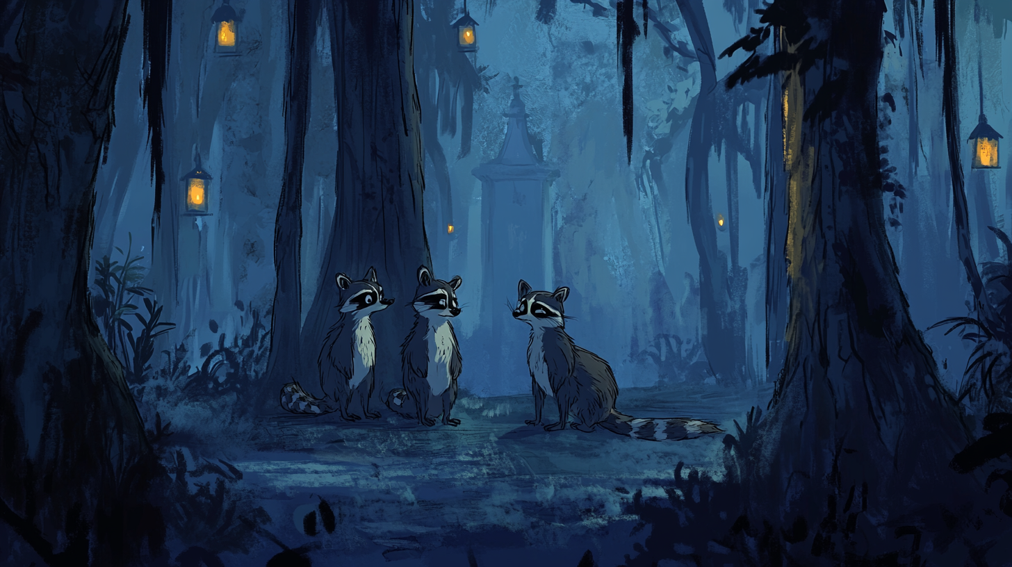 Two raccoons getting married in a cypress swamp.