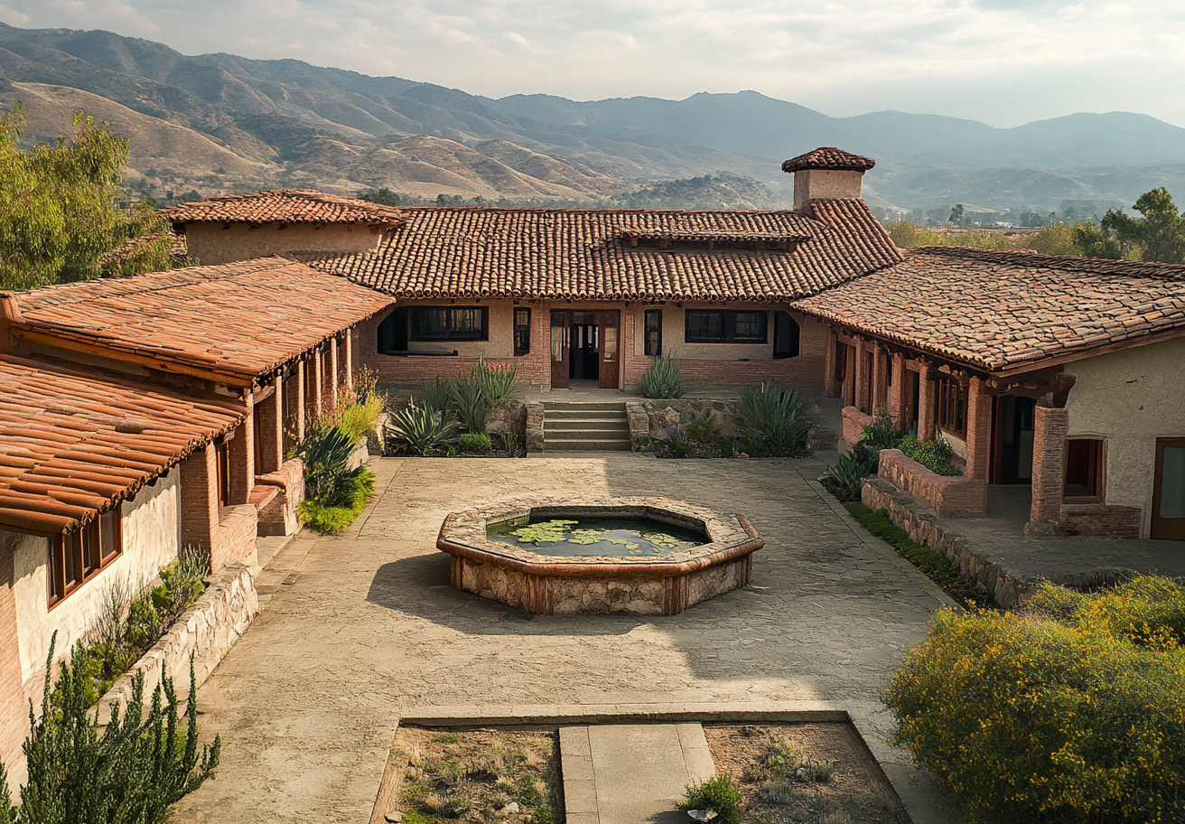 Two story ranch with courtyard, large windows, Oaxaca art.