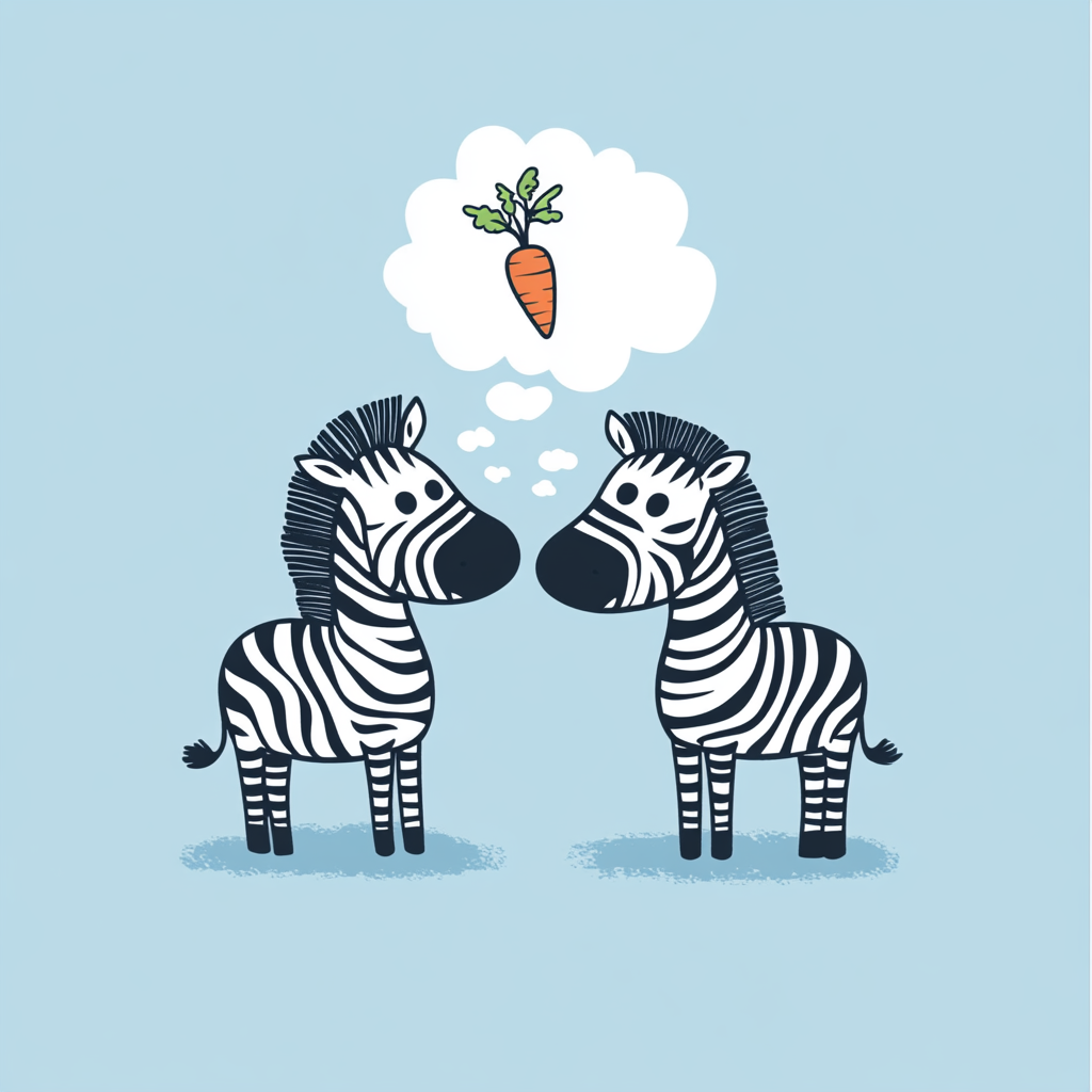 Two zebras with thought bubble and carrot.