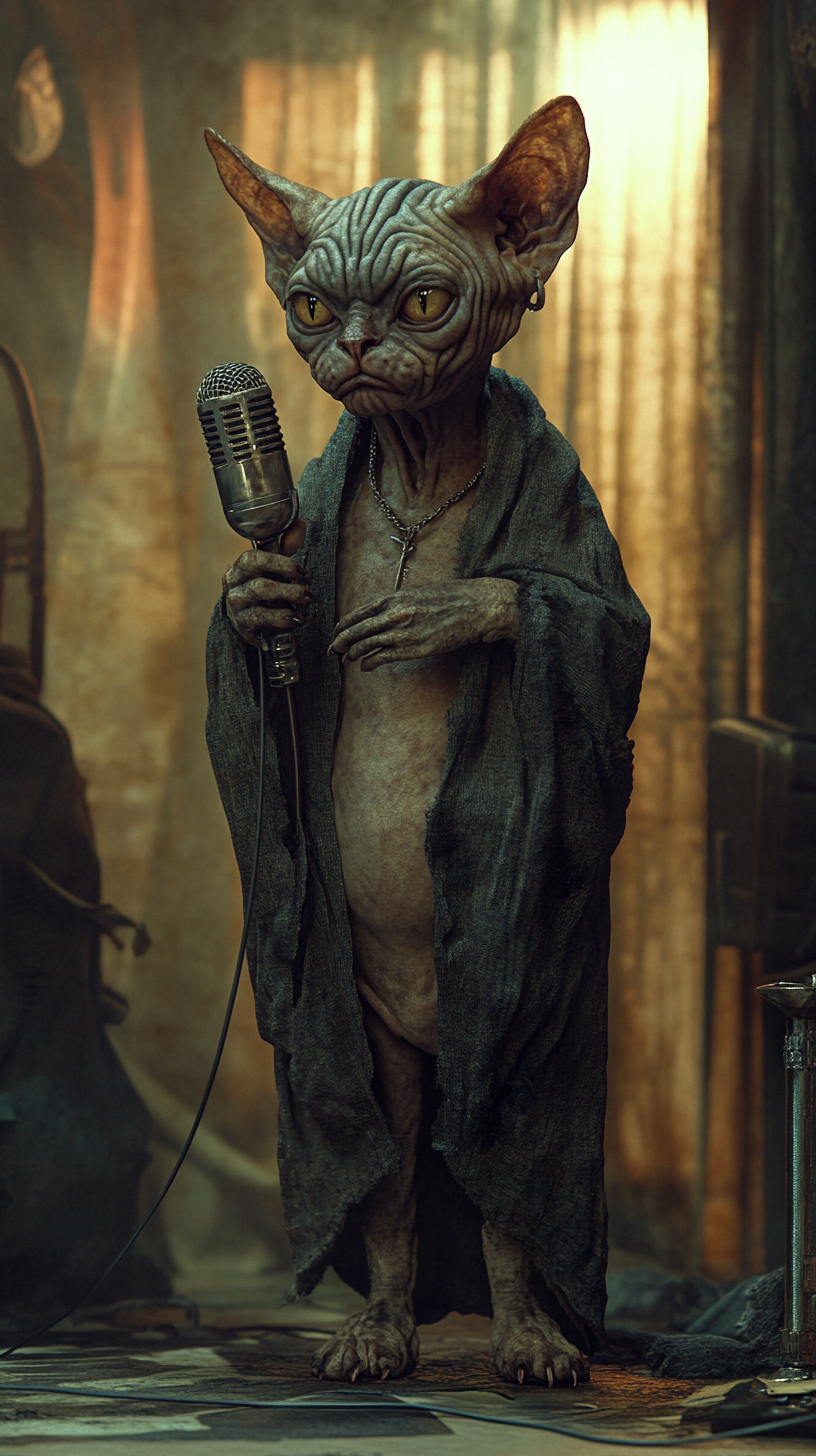 Ugly hairless cat holding mic on spooky dim stage.