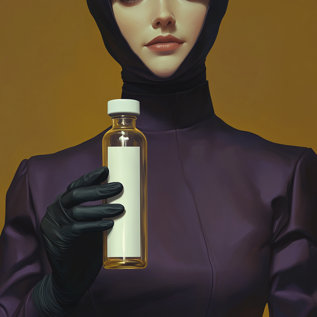 Ultra-realistic nurse holding transparent vial, black gloves, gold background.