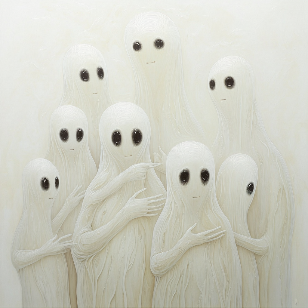 Unique and otherworldly beings in white oil painting.