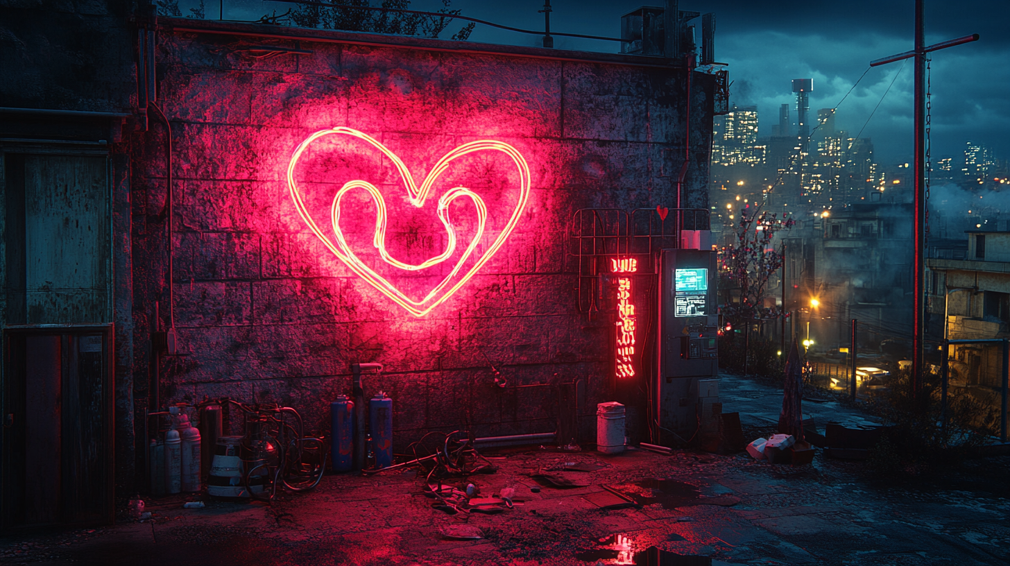 Urban concrete wall with neon lights, snake graffiti heart.