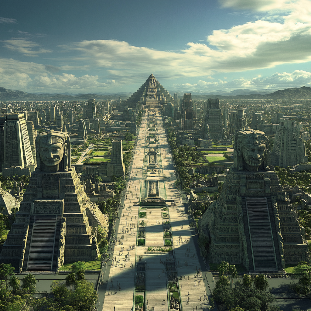 Vast modern city with ancient Olmec monuments blending.