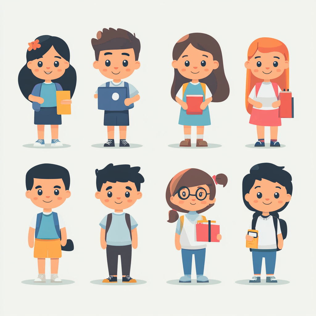 Vector character illustrations: minimalist, educational, diverse, clean lines.