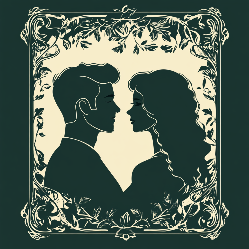 Vector style playing card design with ornate vines. Two 20s couple profiles, dark hair, nose sizes.