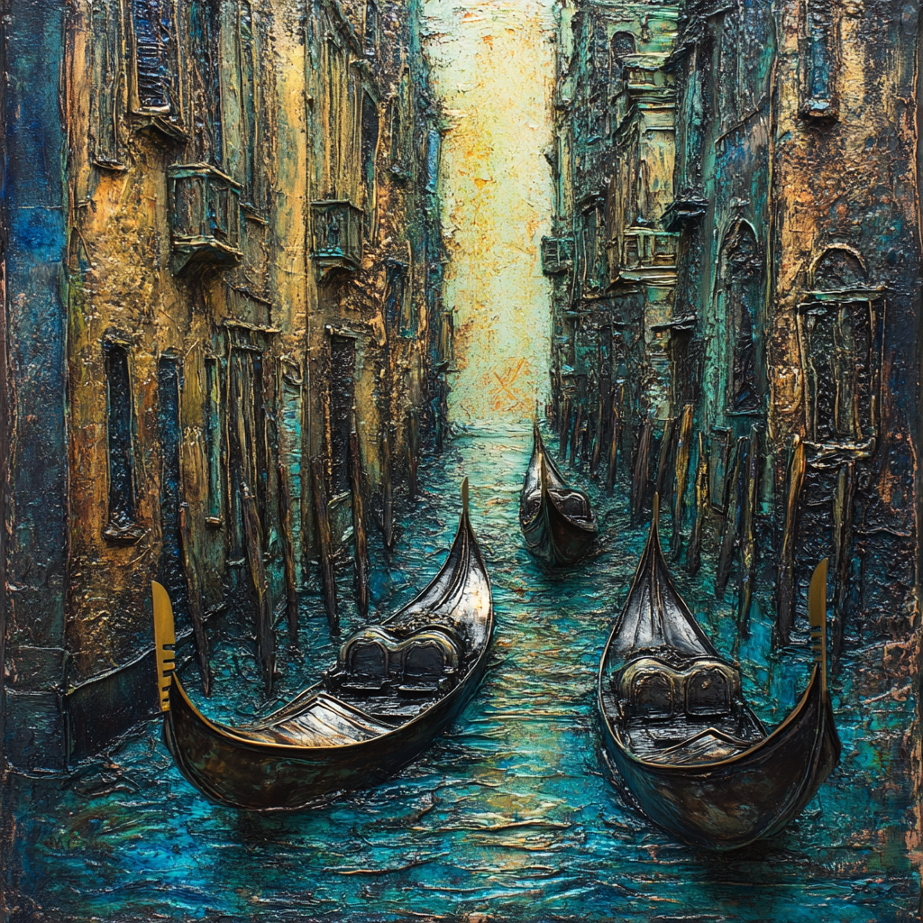 Venice gondolas, Monet-style painting, bronze finish, spatula relief.