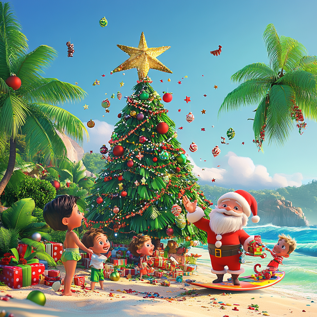 Vibrant Christmas on Tropical Beach with Santa and Children