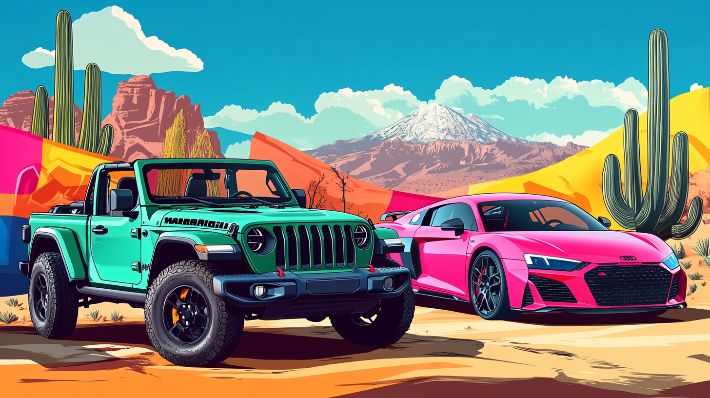 Vibrant Jeep Gladiator and Audi R8 in Arizona desert.