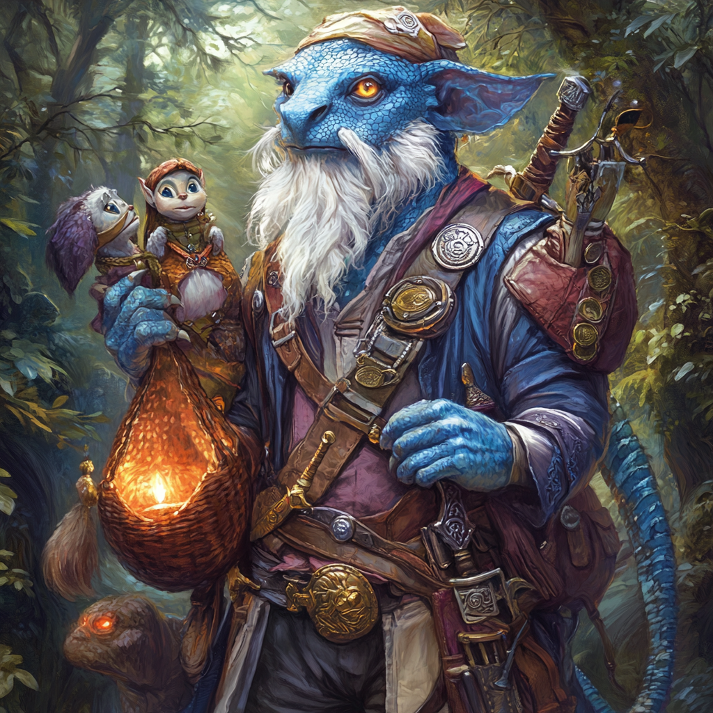 Vibrant Kobold Bard with puppets and loyal mastiffs in forest.