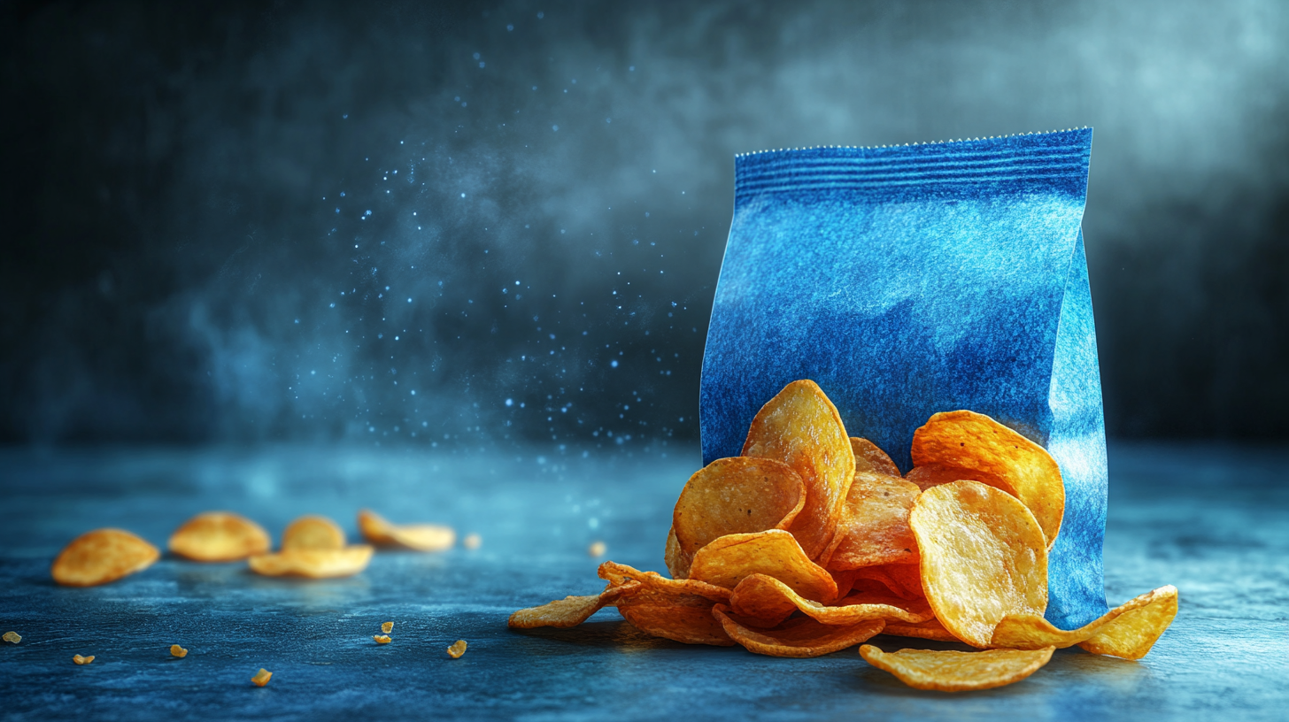 Vibrant blue FuegoStix chip bag with spicy chips.