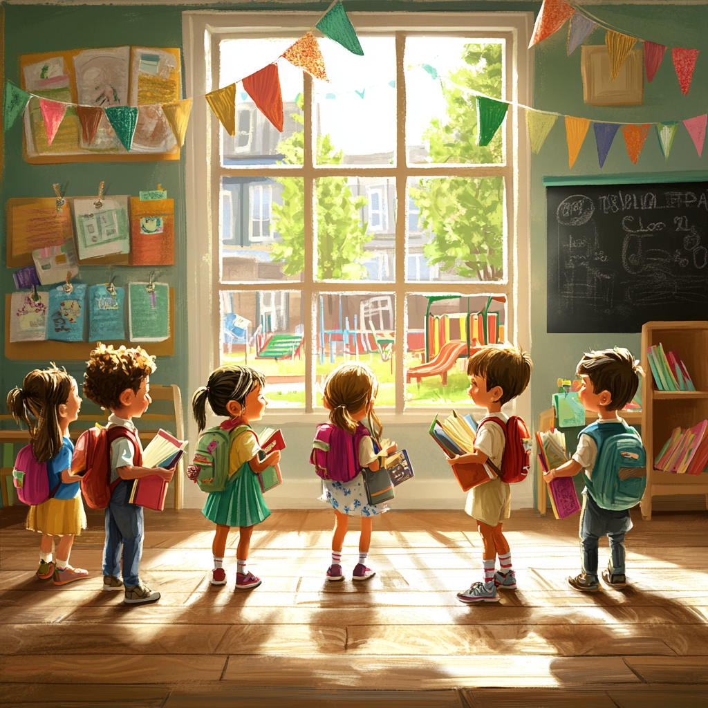 Vibrant first day of school classroom scene with happy children.