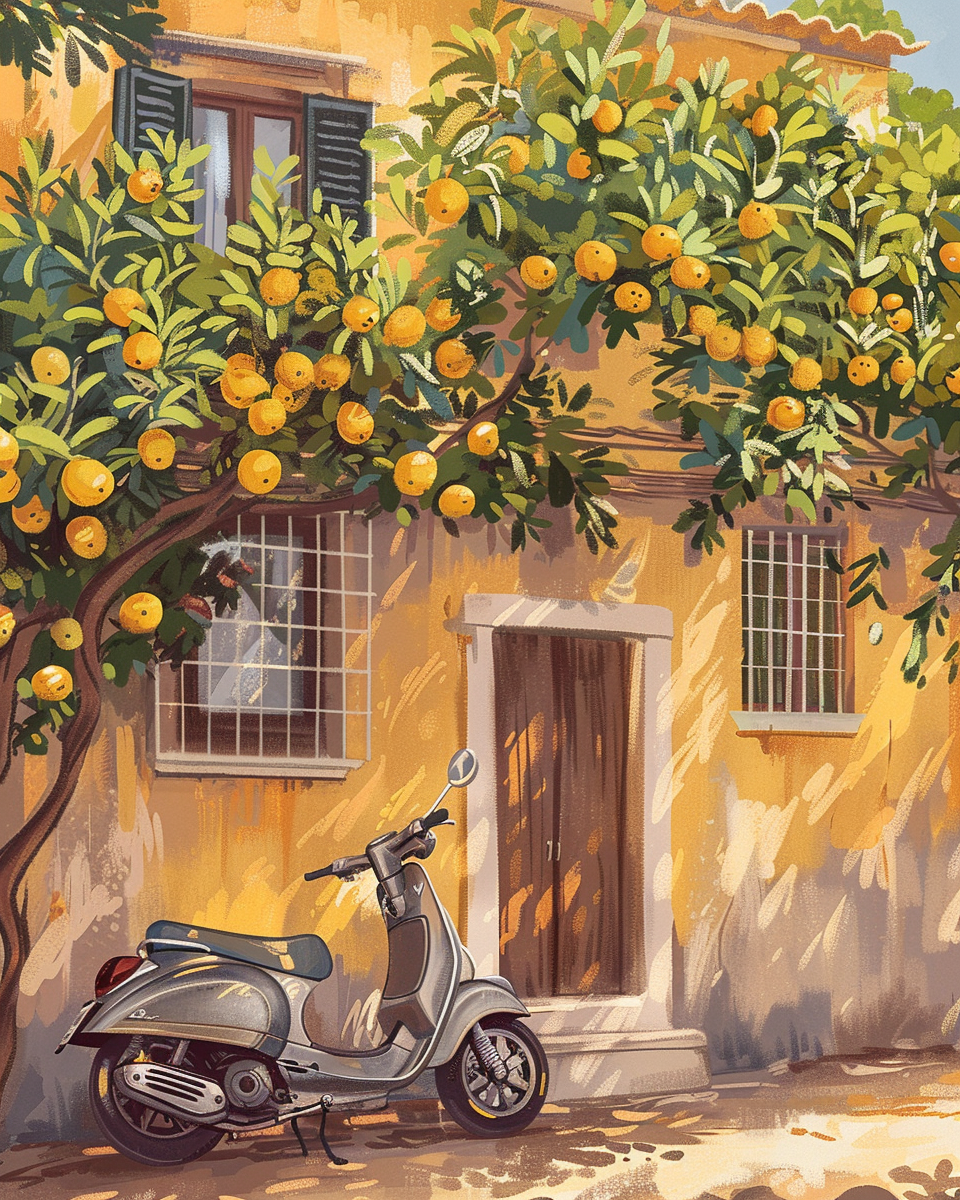 Vibrant lemon trees, vintage Vespa, Sorrento house facade.