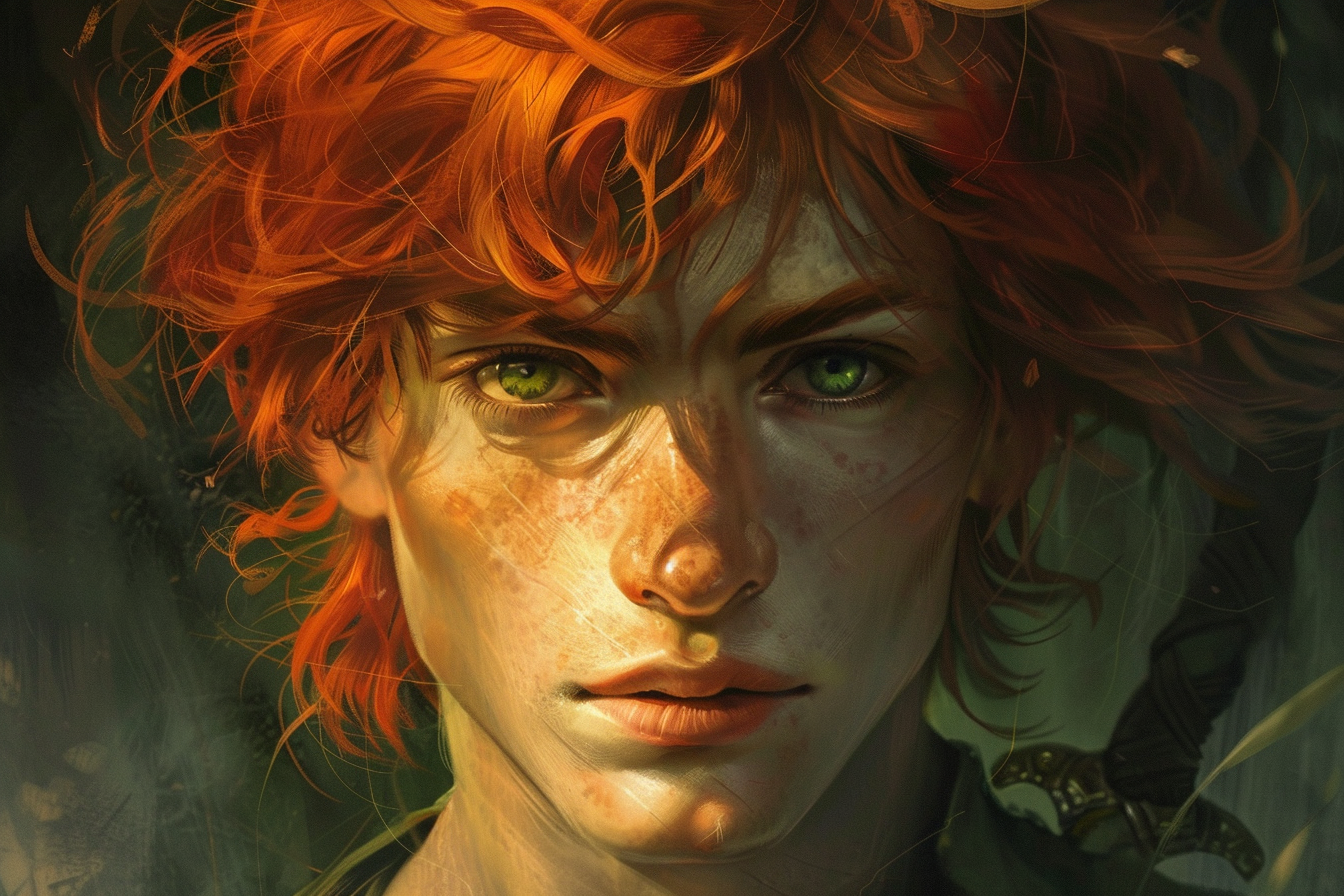 Vibrant red-haired Kvothe with intense green eyes portrait.