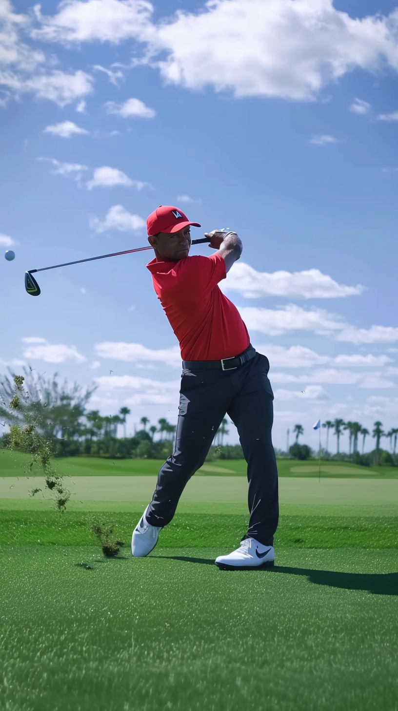 Video of Tiger Woods hitting perfect flop shot on sunny golf course.