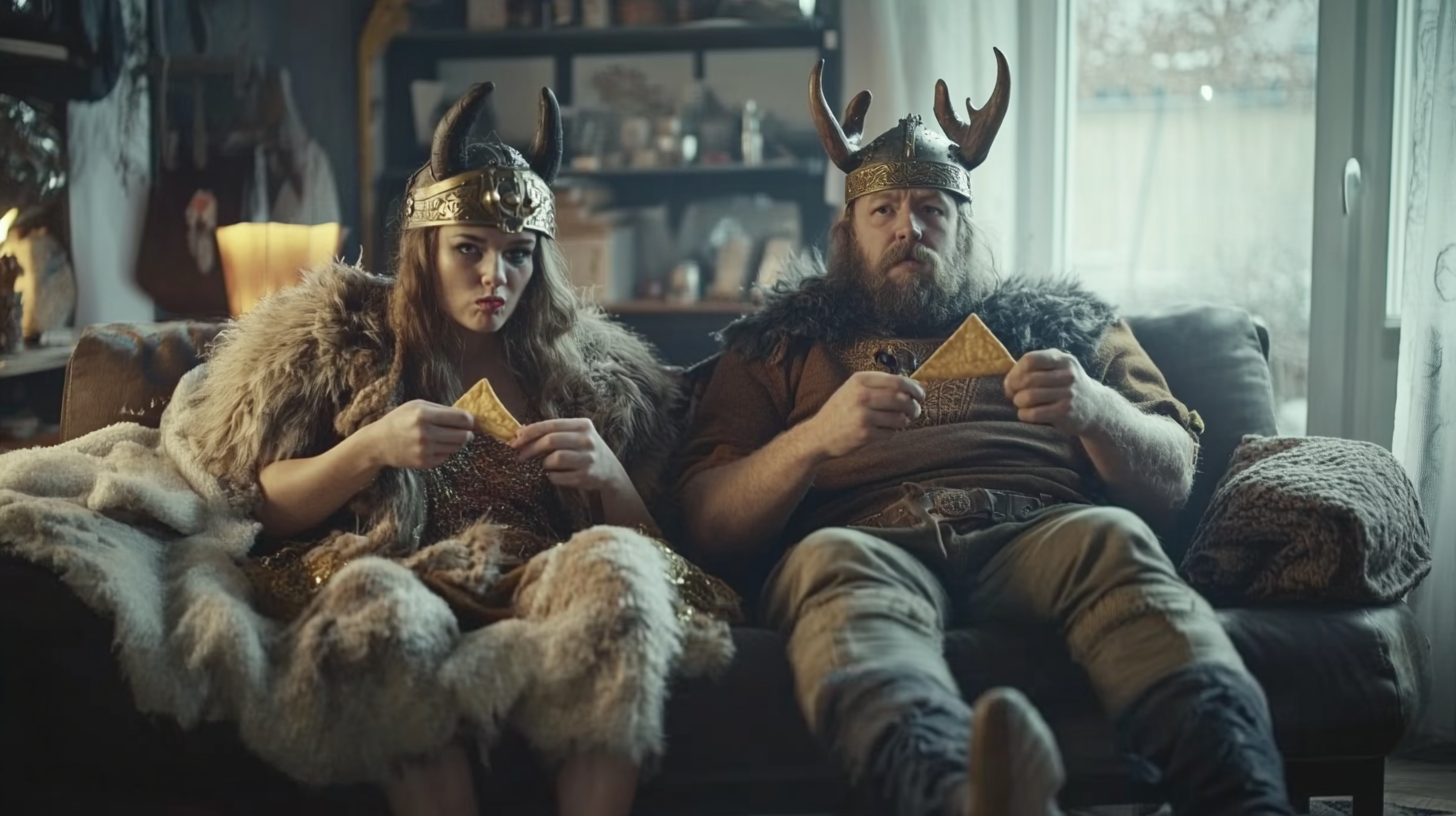 Viking Couple Eating Crisps in Living Room, 4K