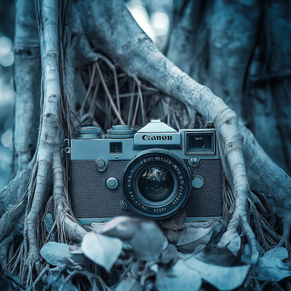 Vintage Canon SLR Camera Entwined by Banyan Tree Roots